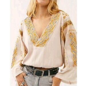 Free‎ People Cross Country Embroidered Boho Peasant Blouse Ivory Goldenrod Small